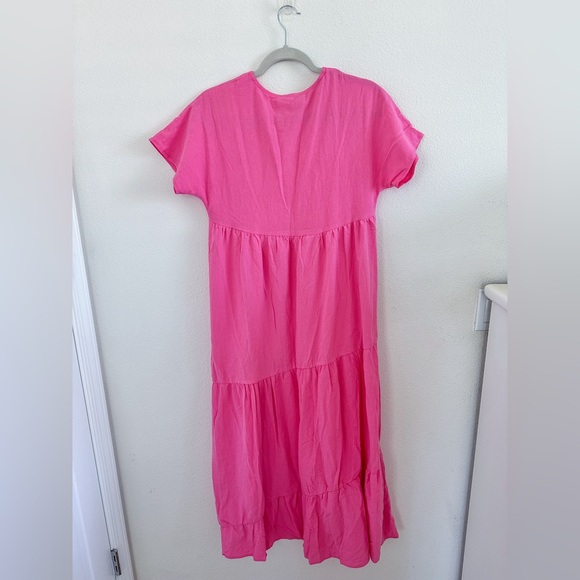 NWOT V Neck Asymmetrical Maxi Tiered Short Sleeve Lightweight Dress Pink - Picture 2 of 4
